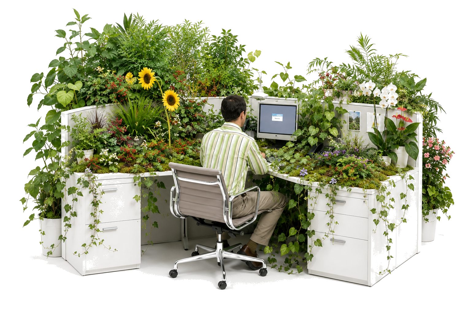 A man working at a plant-overgrown desk
